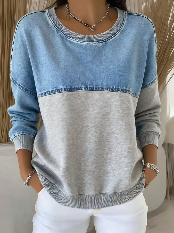 Women'S Casual Round Neck Denim Patchwork Sweatshirt