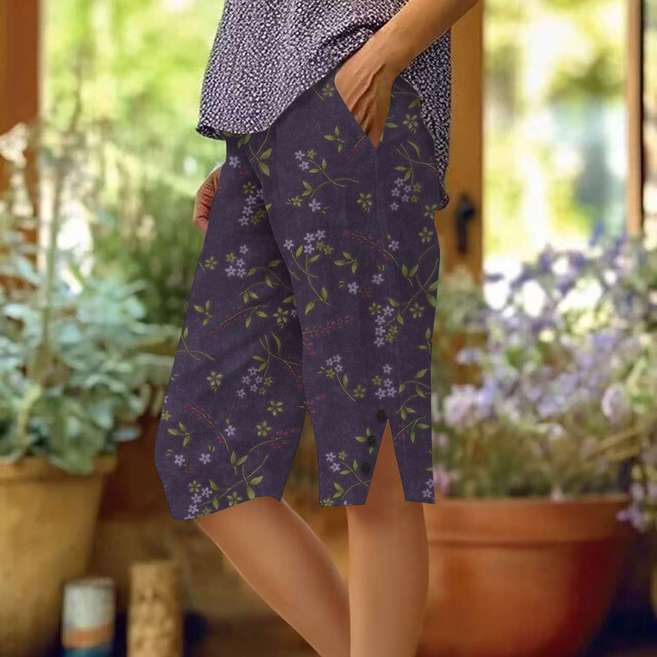Retro Bohemian Style Floral Pattern Art Graphics Button Slit Design Cozy Linen Shorts artswardrobe