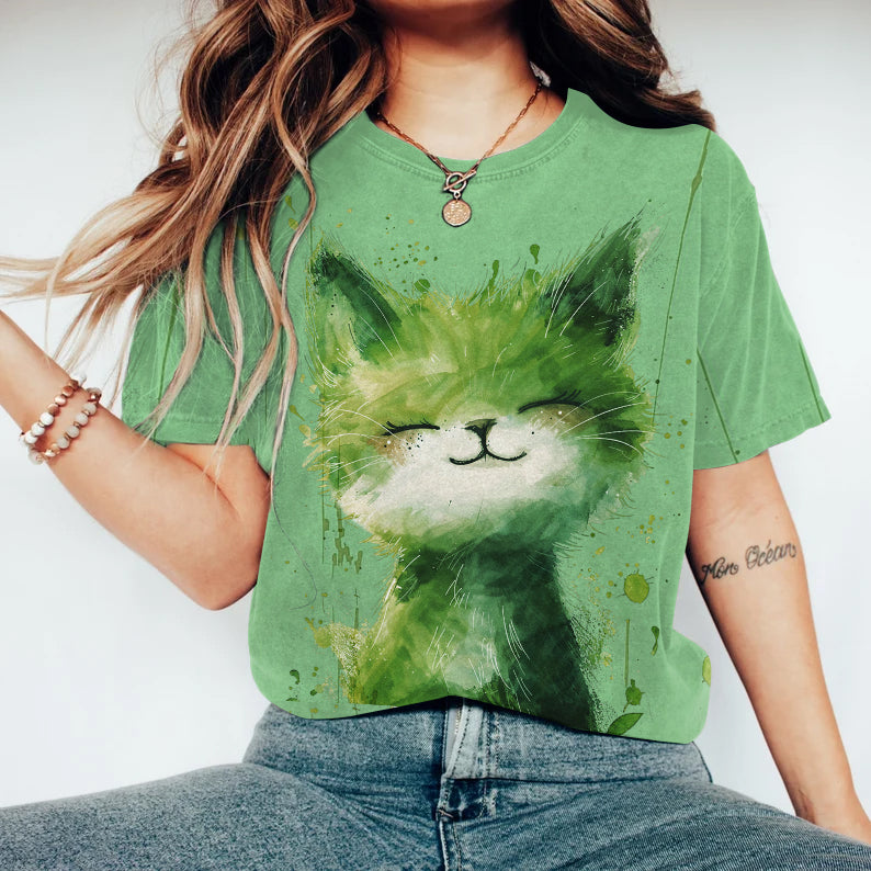 Abstract Creative Green Elf Cute Cat Painting Art T-Shirt elevenforest
