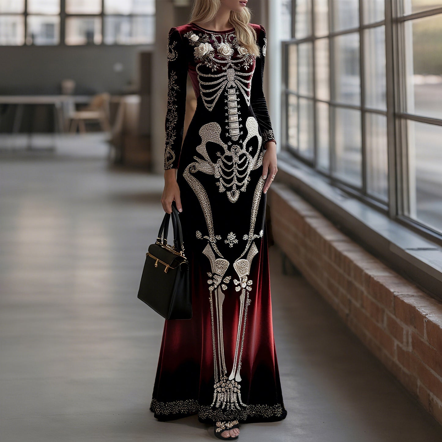 Comstylish Women's Halloween Dark Gothic Rose Skeleton Velvet Round Neck Maxi Dress