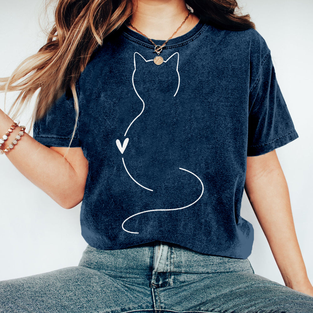 Comstylish Lovely Simple Line Cat Art Vintage Washed T Shirt
