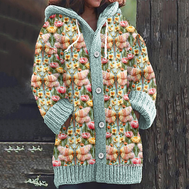 Dragonfly Flower Art Print Knitted Hooded Cardigan artswardrobe