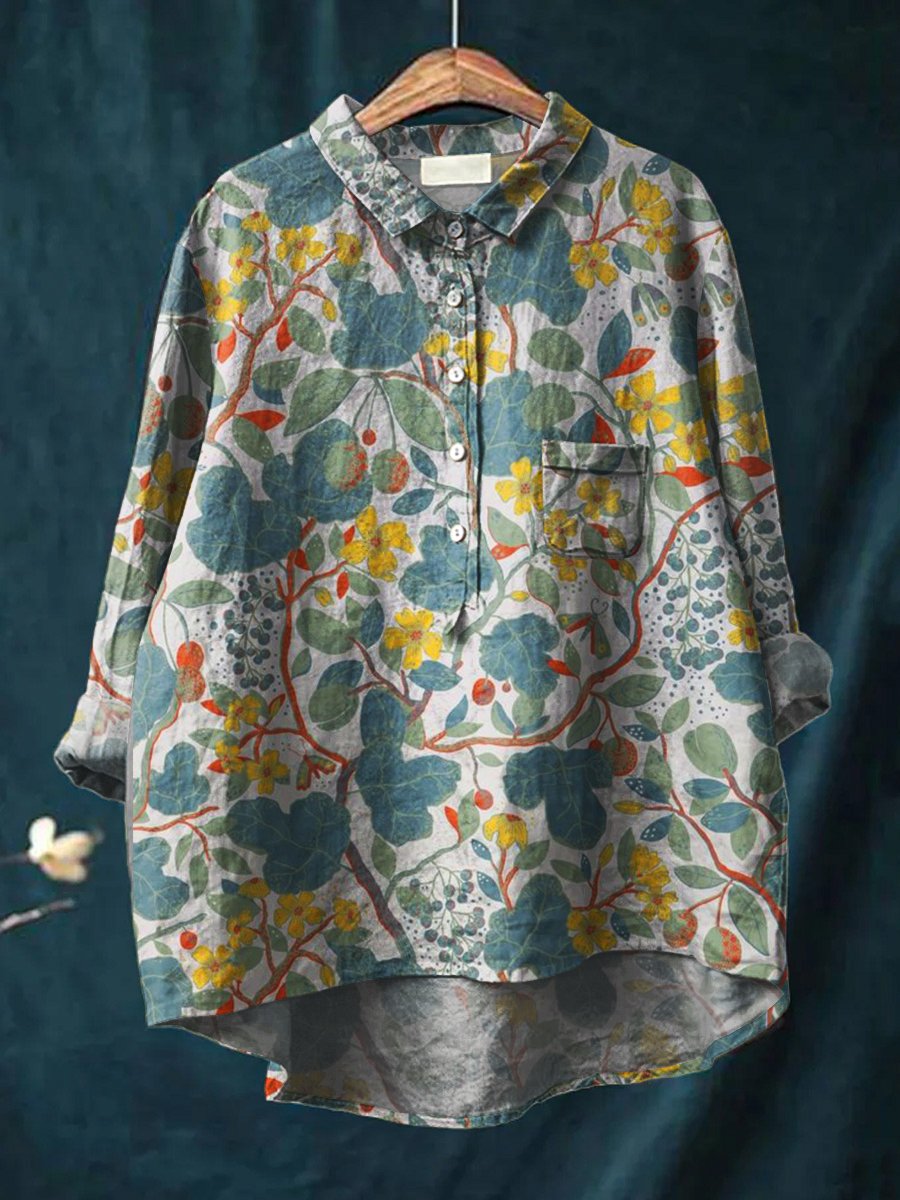 Women's Floral Art Print Casual Cotton And Linen Shirt