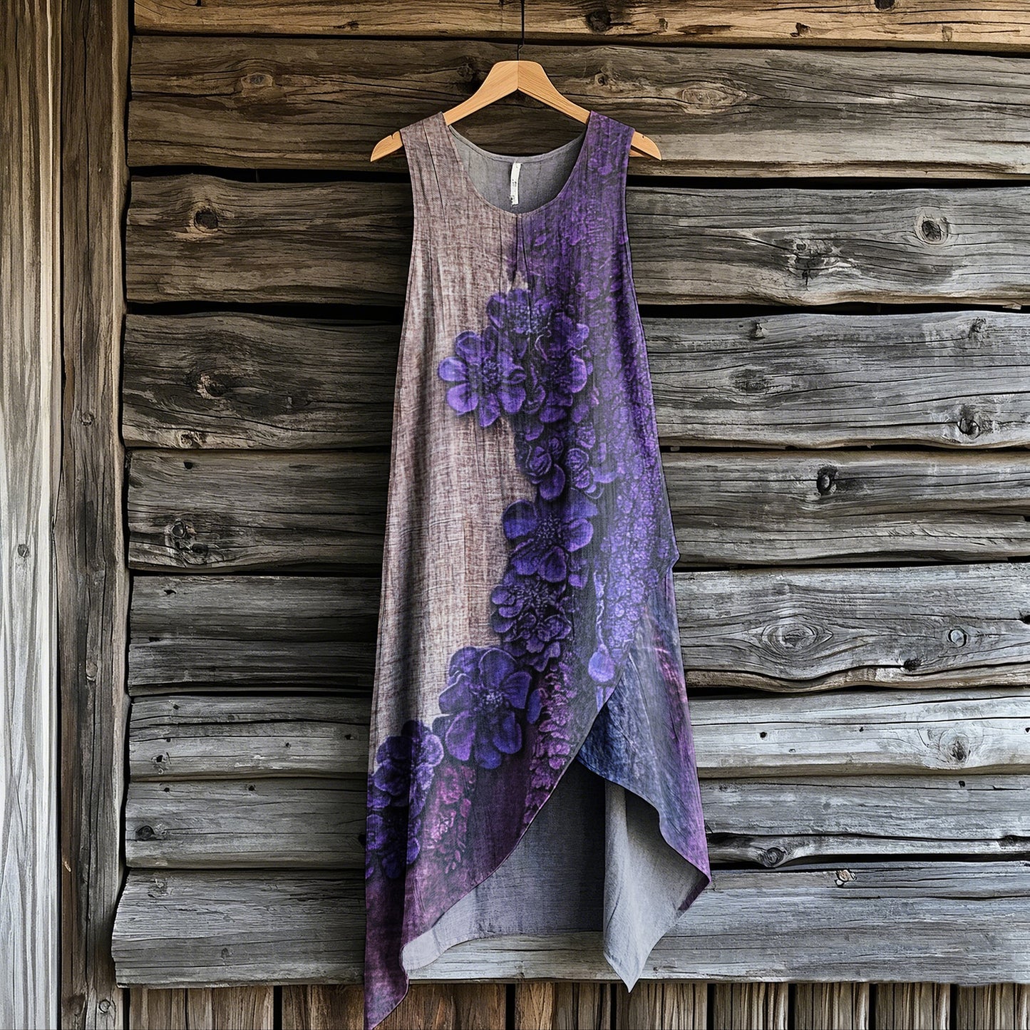 Women's Bohemian Purple Flowers Art Irregular Design Sleeveless Dress artswardrobe