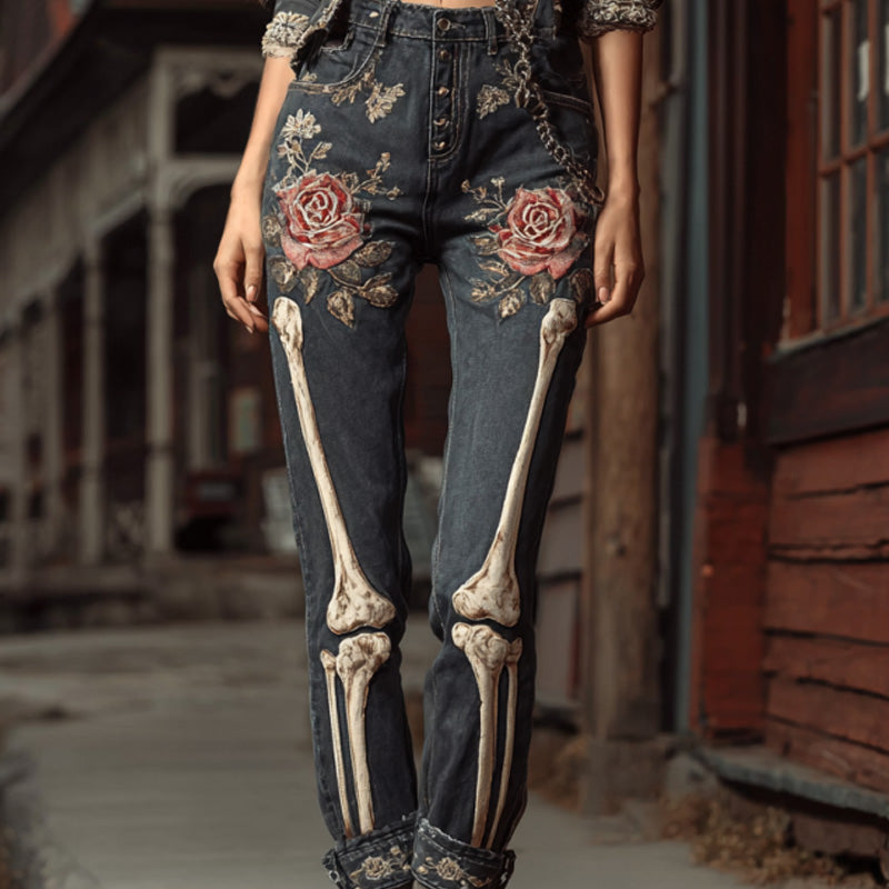 Comstylish Halloween Vintage Skull Rose Embroidered Jeans