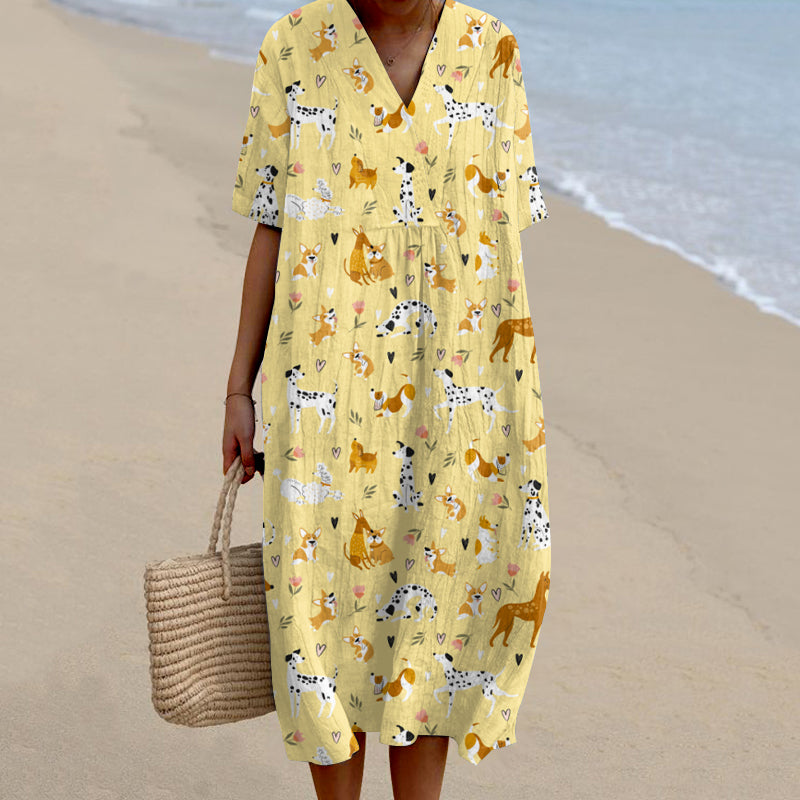 Dog Art V-neck Linen Short Sleeves Midi Dress artswardrobe