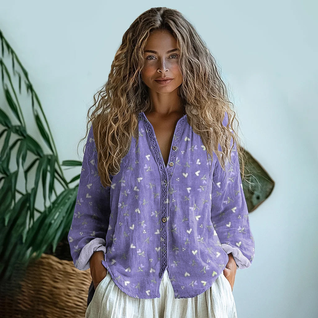 Vintage Purple Floral Art Linen Print Long Sleeve Shirt artswardrobe