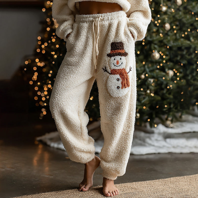 Comstylish Women's Christmas Snowman Pattern Plush Warm Sports Pants
