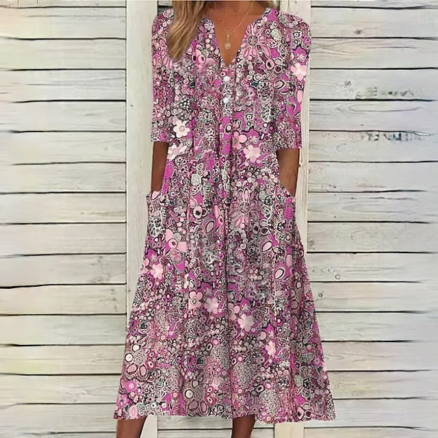 MW | Florales Kleid mit V-Ausschnitt und Seitentaschen