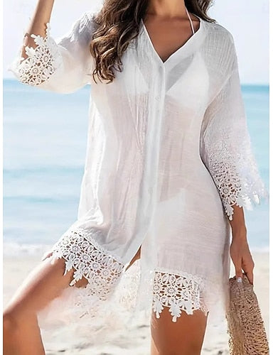 Mini Dress White Dress Beach Dress Cover Up Classic Daily Outdoor Beach Loose Fit Plain 3/4 Length Sleeve V Neck White Summer Spring