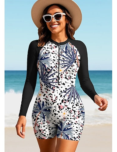 Rash Guard One Piece Surfing Suit Bathing Suit Leopard Tropical Zip Up With Built in Bra Removable Pad Uv Sun Protection Upf50+ Ultra Light (ul) Long Sleeve Swimwear Sun Shirt Surfing