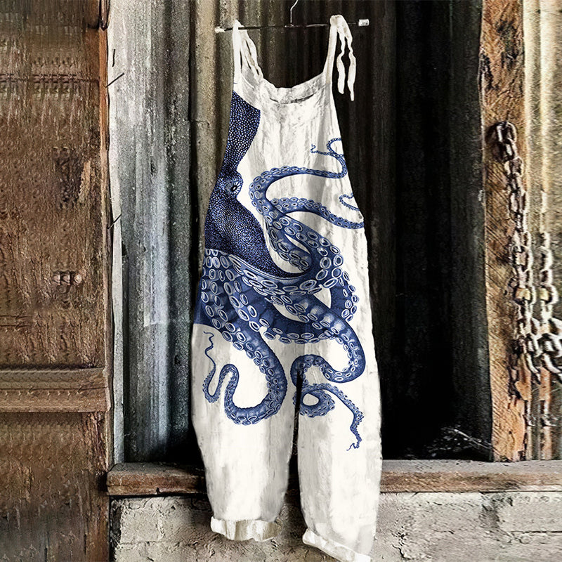 Comstylish Japanese Art Octopus Print Loose Casual Jumpsuit