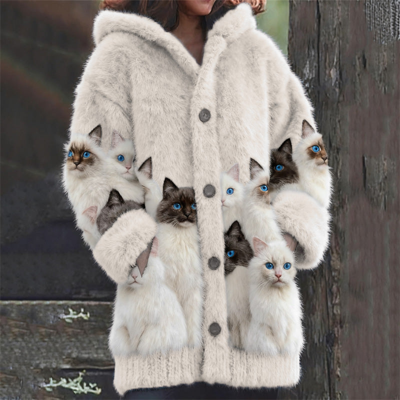 Woll-Strickjacke mit schwarz-weißem Katzen-Print