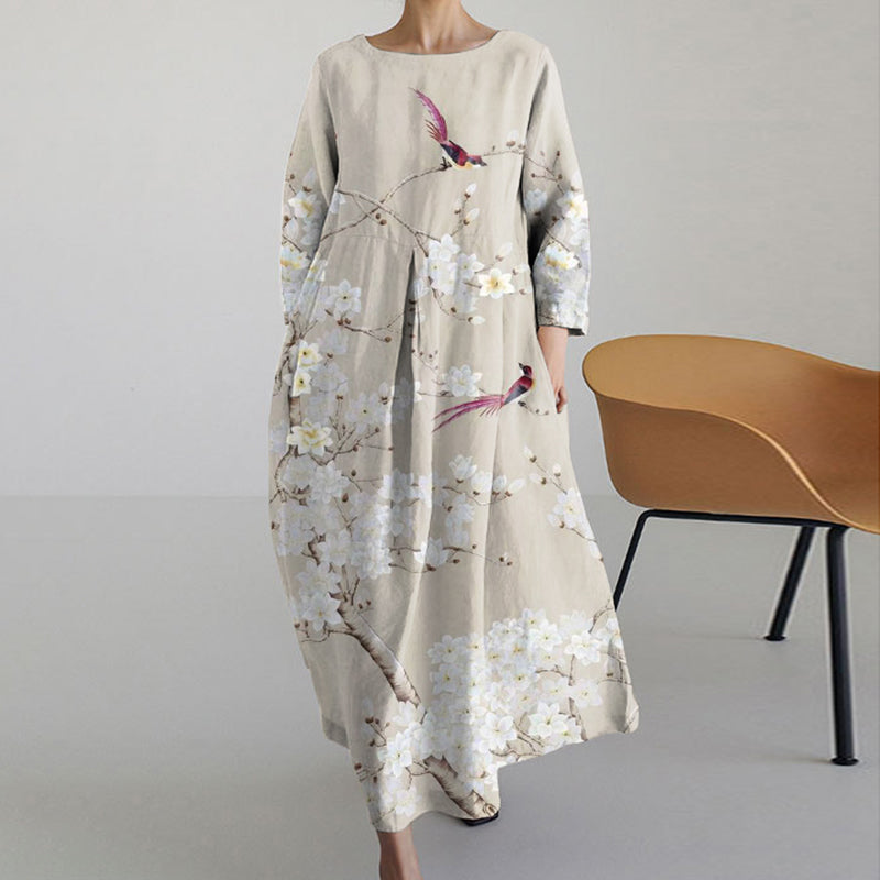 Floral Round Neck Long Sleeve Midi Dress