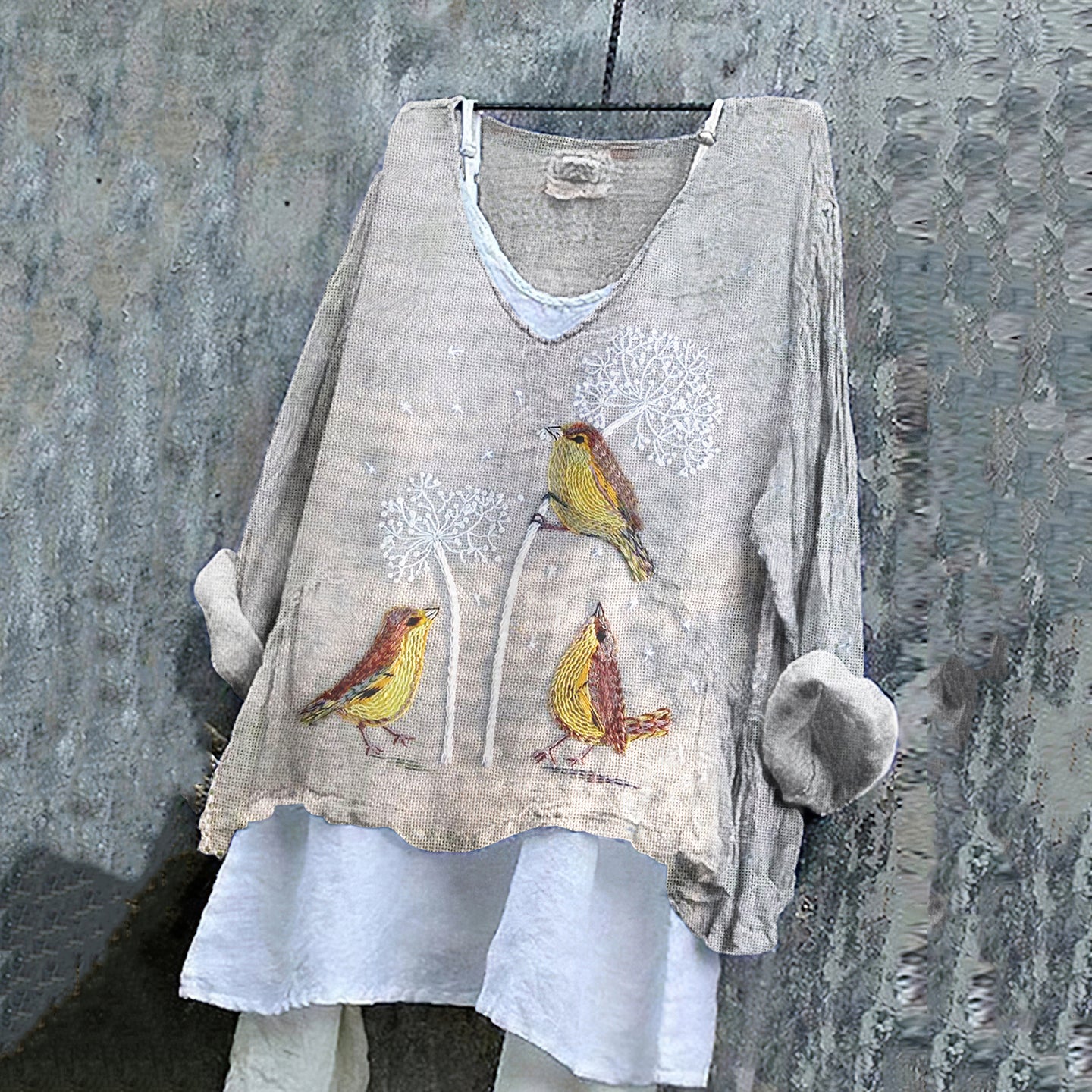 Women's Dandelions And Birds Art  Loose V-neck Shirt artswardrobe