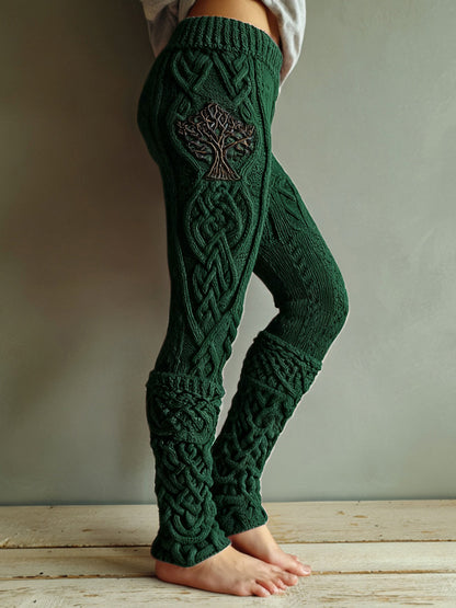 Vintage Viking Tree Of Life Celtic Knot Knit Jacquard Cozy Leggings artswardrobe