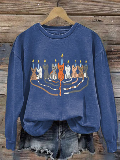 Women's Hanukkah Menorah Print Casual Sweatshirt elevenforest