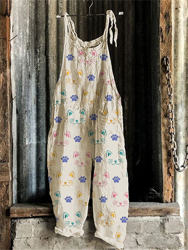 Cute Cat Embroidery Pattern Linen Blend Casual Jumpsuit elevenforest