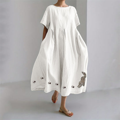 Stretching Cat & Paw Prints Embroidered Linen Blend Maxi Dress elevenforest