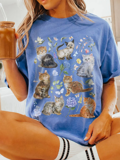 Countryside Cat Embroidery Print T-shirt elevenforest