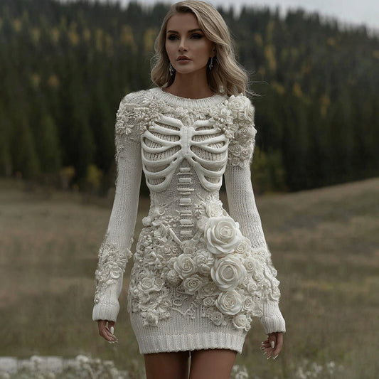 Comstylish Women's Vintage Skeleton With White Rose Art Cozy Sweater Dress