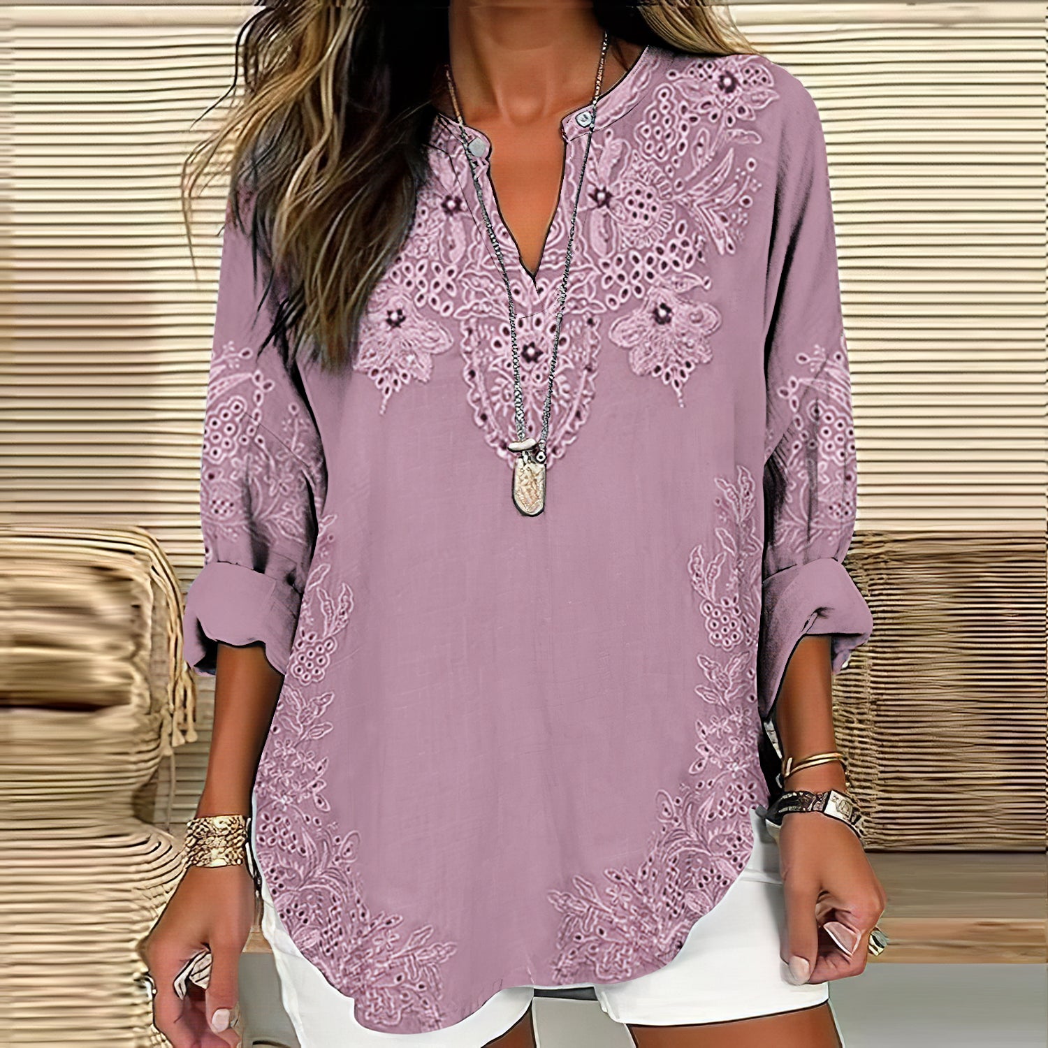 Comstylish Women's Floral Lace Art Linen Print Casual Shirt