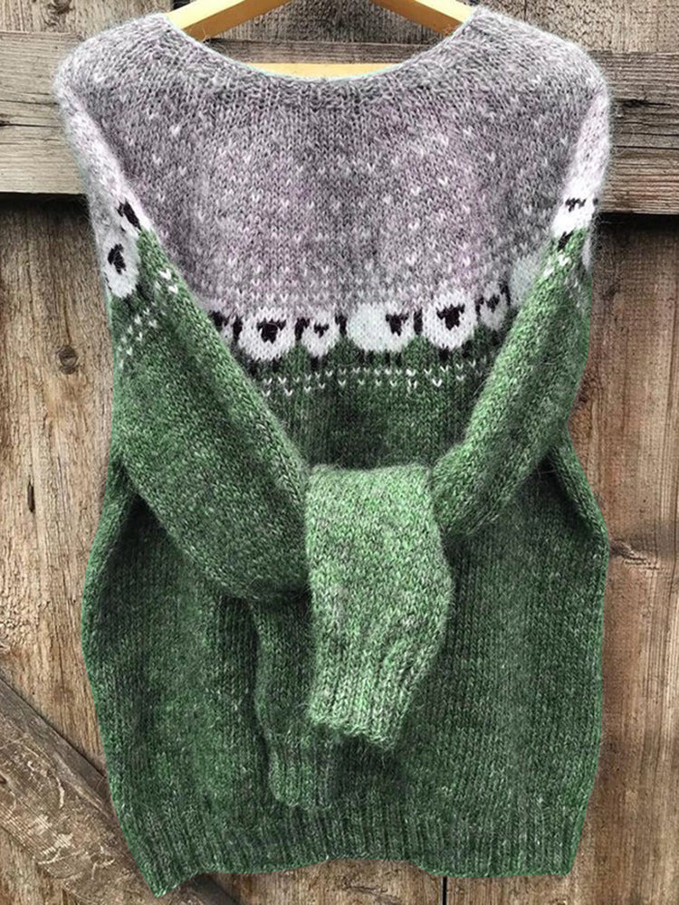 Baumwollpullover mit grasendem Schaf-Muster