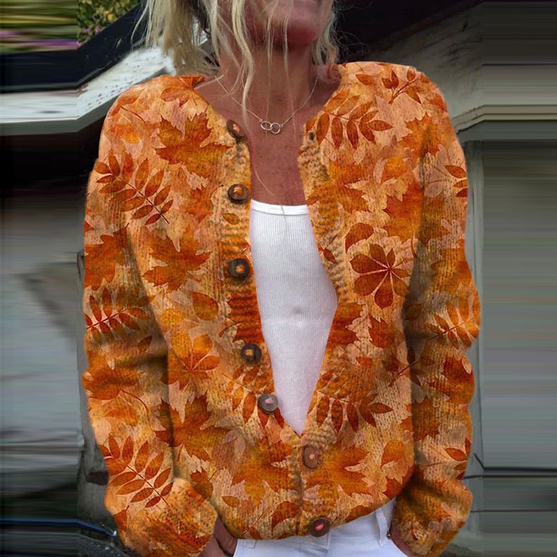 Autumn Maple Leaf Print Knitted Cardigan artswardrobe