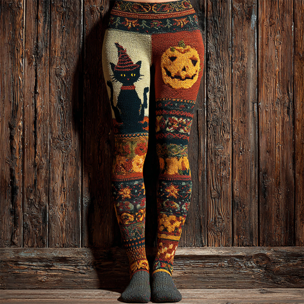 Halloween Wizard Hat Cat & Pumpkin Lady Knit Leggings elevenforest