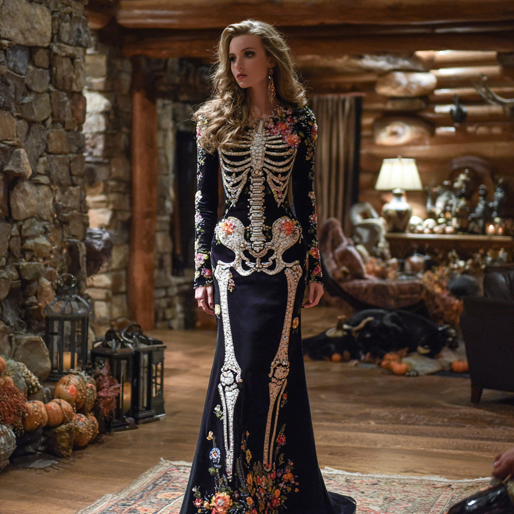 Comstylish Vintage Mexican Day Of The Dead Skeleton Bones Embroidery Flowers Cozy Velvet Maxi Dress