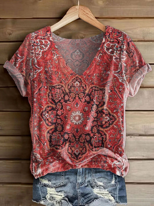Women's Ethnic Totem Art Print Casual V-neck Cotton T-shirt