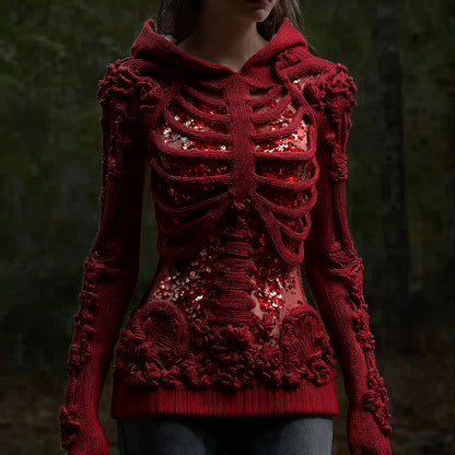 Comstylish Halloween Skull Floral Knitted Warm Hooded Sweater