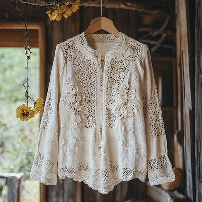 Comstylish Women's Retro Floral Lace Embroidery Art V-neck Shirt