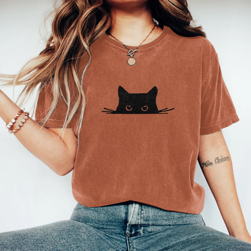 Abstract Creative Embroidered Black Cat Art Print  T-shirt elevenforest