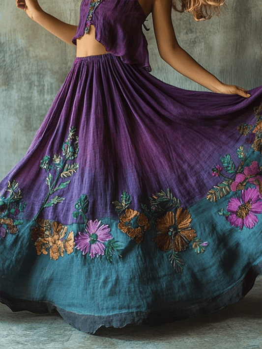 Women's Vintage Floral Embroidered Art Linen Blend Skirt