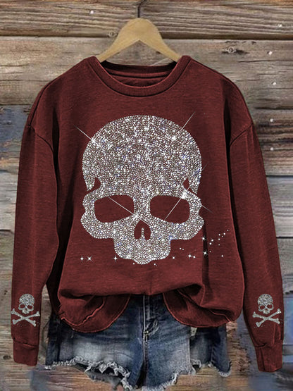 Comstylish Shiny Rhinestone Skull Pattern Sweatshirt