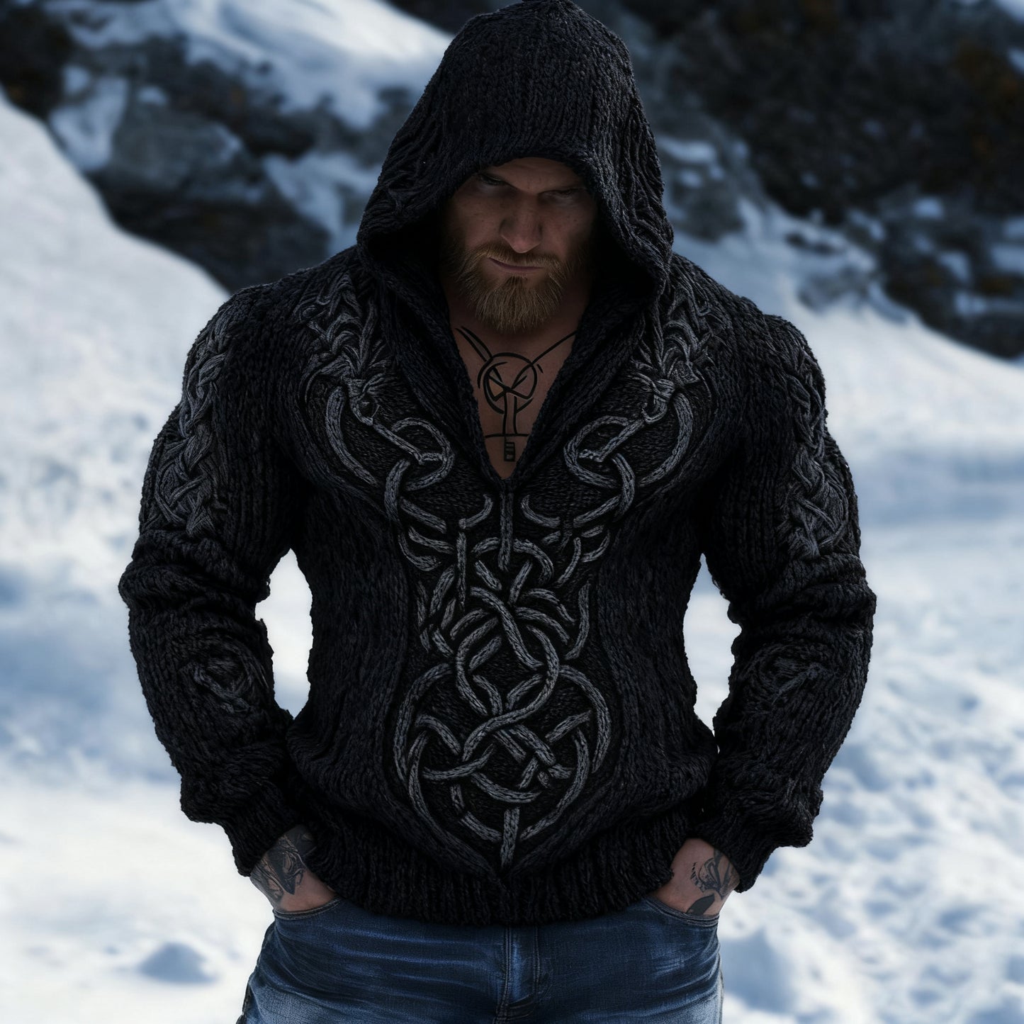 Retro Viking Celtic Jacquard Chunky Hooded Sweater elevenforest