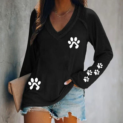 Comstylish Cute Paw Print V-Neck Long Sleeved Casual T-Shirt