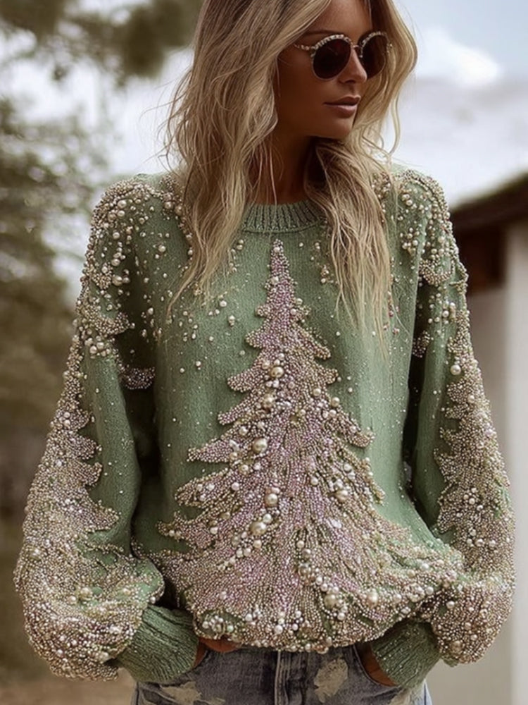 Baumwollpullover mit Perlen-Tannenbaum