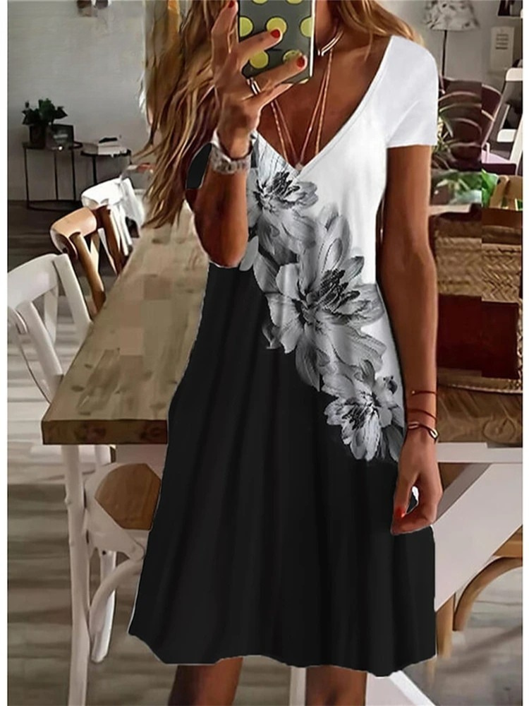 MW | Women's Sundress Midi-Kleid kurze Ärmel Floral Print Sommer lässig V Hals lose Kleider Plus Größe 2024 Weibliche Kleidung Vestidos
