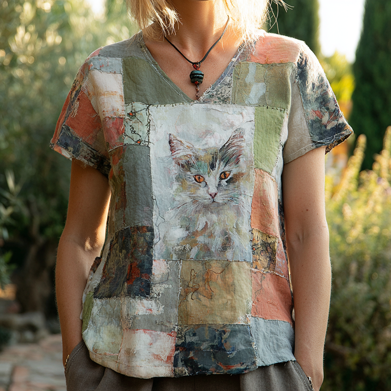 Women's Retro Geometric Cat Oil Painting Art Patchwork T-shirt elevenforest