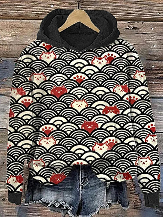 Cat Faces and Waves Japanese Art Print Cotton Cozy Hoodie elevenforest