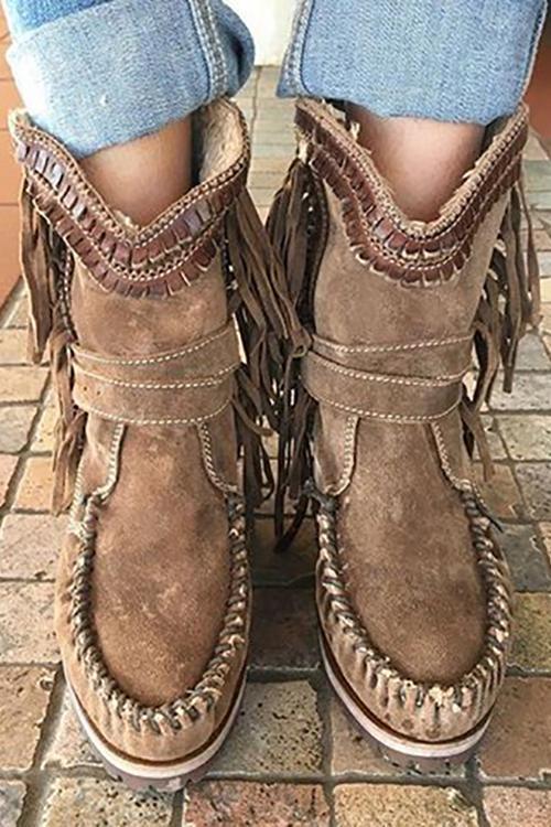 Wildleder-Mokassin-Stiefel mit Fransen
