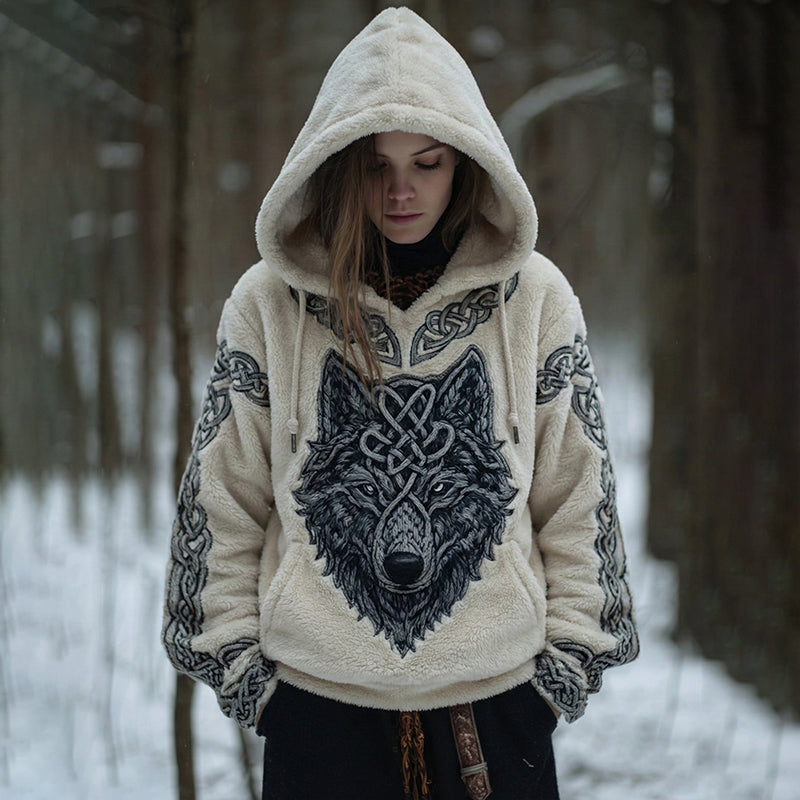 Comstylish Women's Retro Viking Wolf Art Casual Flannel Hoodie