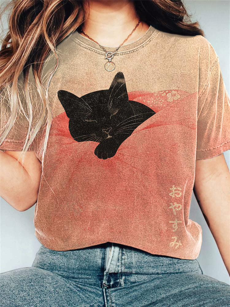 Vintage Cat Japanese Art Print Casual T-Shirt elevenforest