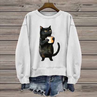 Women's Cute Black Cat Print Casual Sweatshirt elevenforest