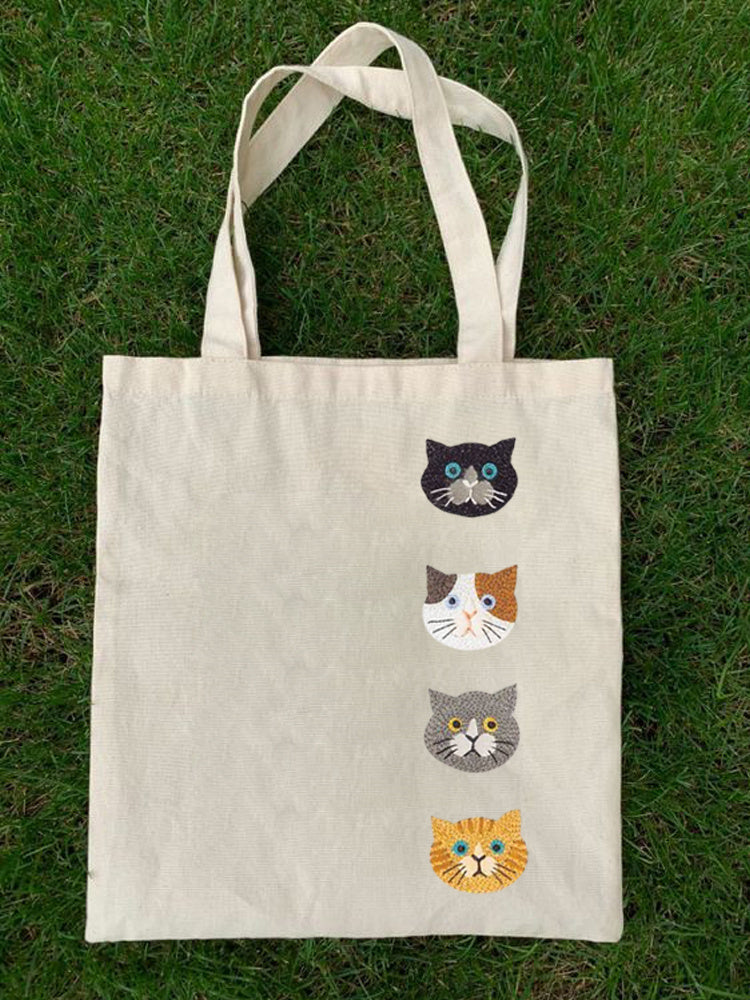 Cute Cats Animal Embroidery Pattern Canvas Bag elevenforest