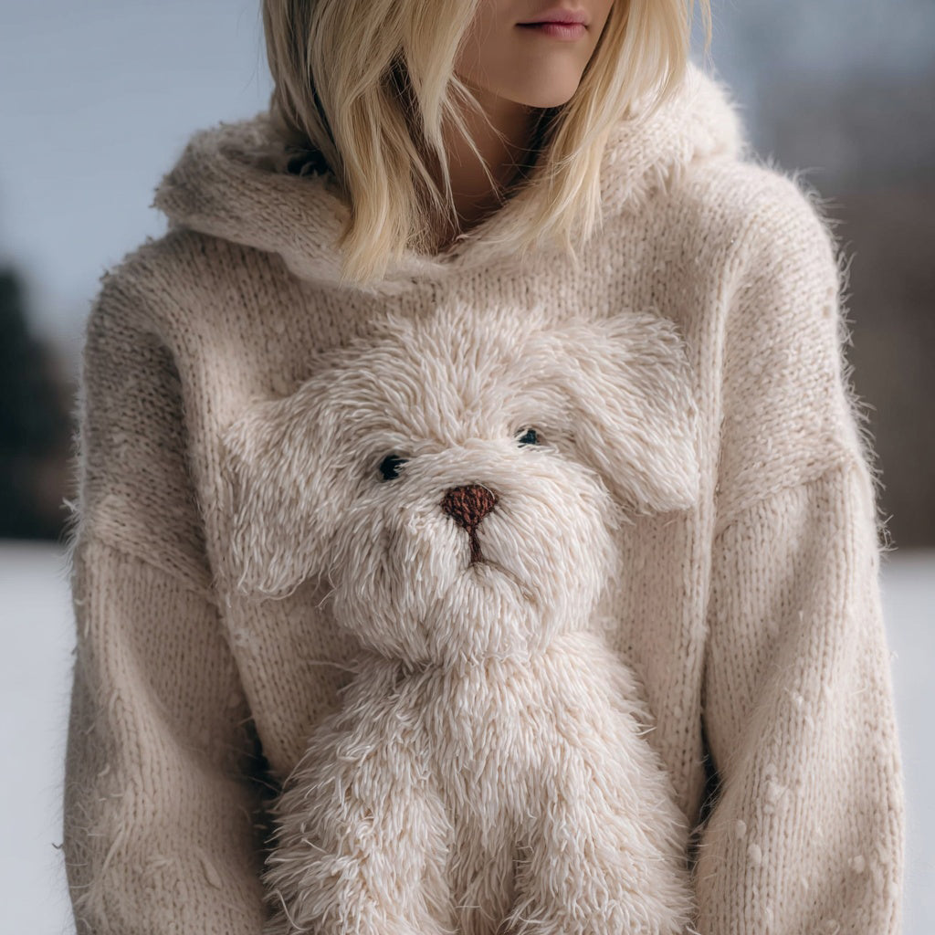 Cute Fuzzy Dog Embroidered Cozy Hooded Sweater artswardrobe