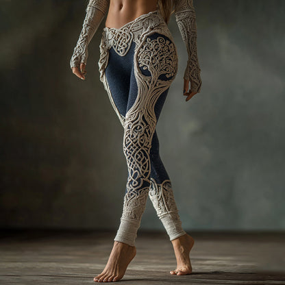 Vintage Viking Tree Of Life Celtic Knot Contrasting Colors Art Knit Cozy Leggings artswardrobe