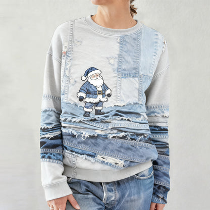 Comstylish Women's Santa Claus Faux Denim Patchwork Art Print Casual Sweatshirt